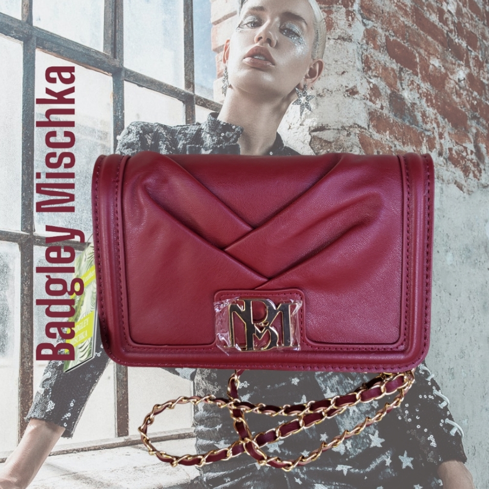 NWT BADGLEY MISCHKA Pleated Wine Colored Crossbody Bag